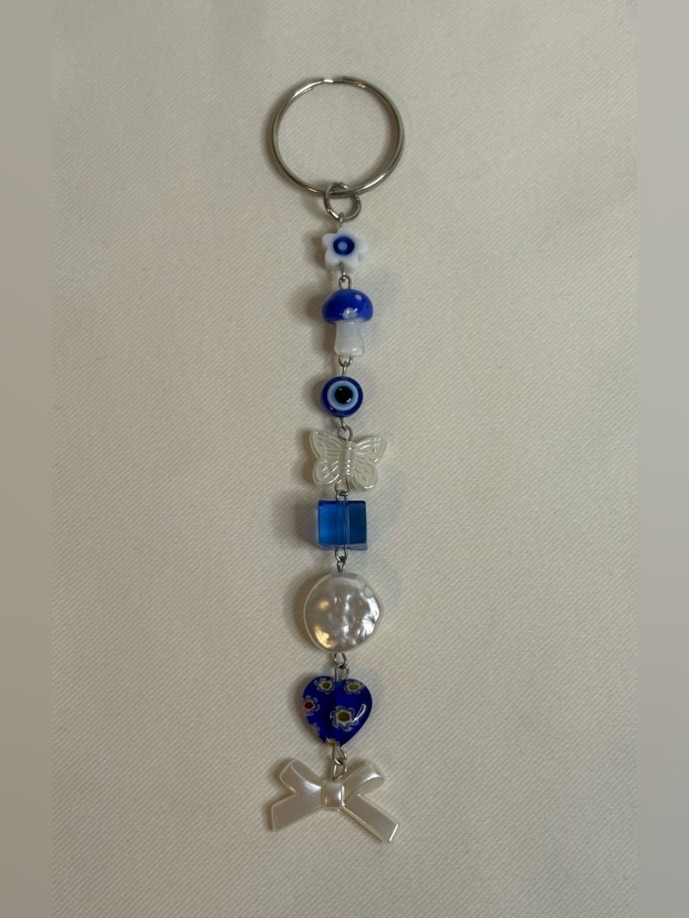 Handmade Blue/White Beaded Keychain